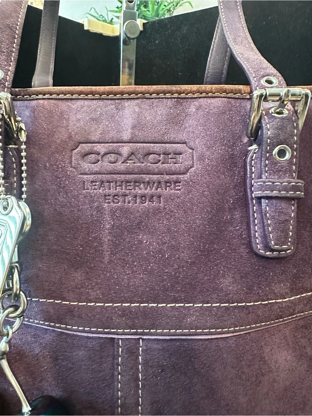 Coach #344 Vintage Hamptons Gallery Plum Suede Tote with Leather Trim